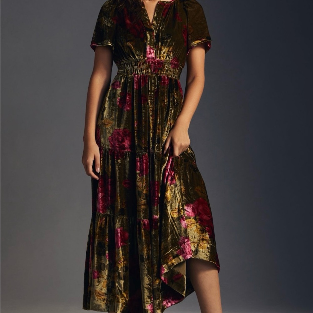 Anthropologie Velvet High Low Dress in Olive and Pink